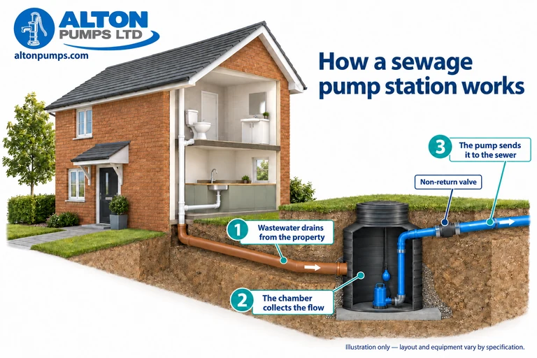Cutaway illustration showing wastewater flowing from a house into a sewage pumping chamber, then through a pump and non-return valve towards the sewer.
