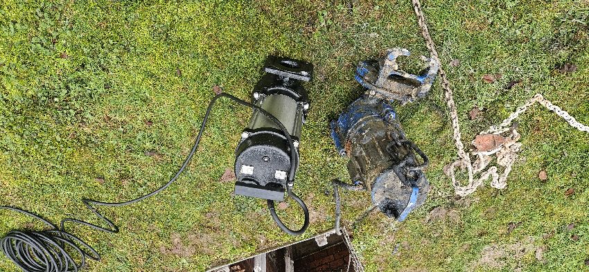 New and removed foul-water pumps beside a Hampshire pump station chamber