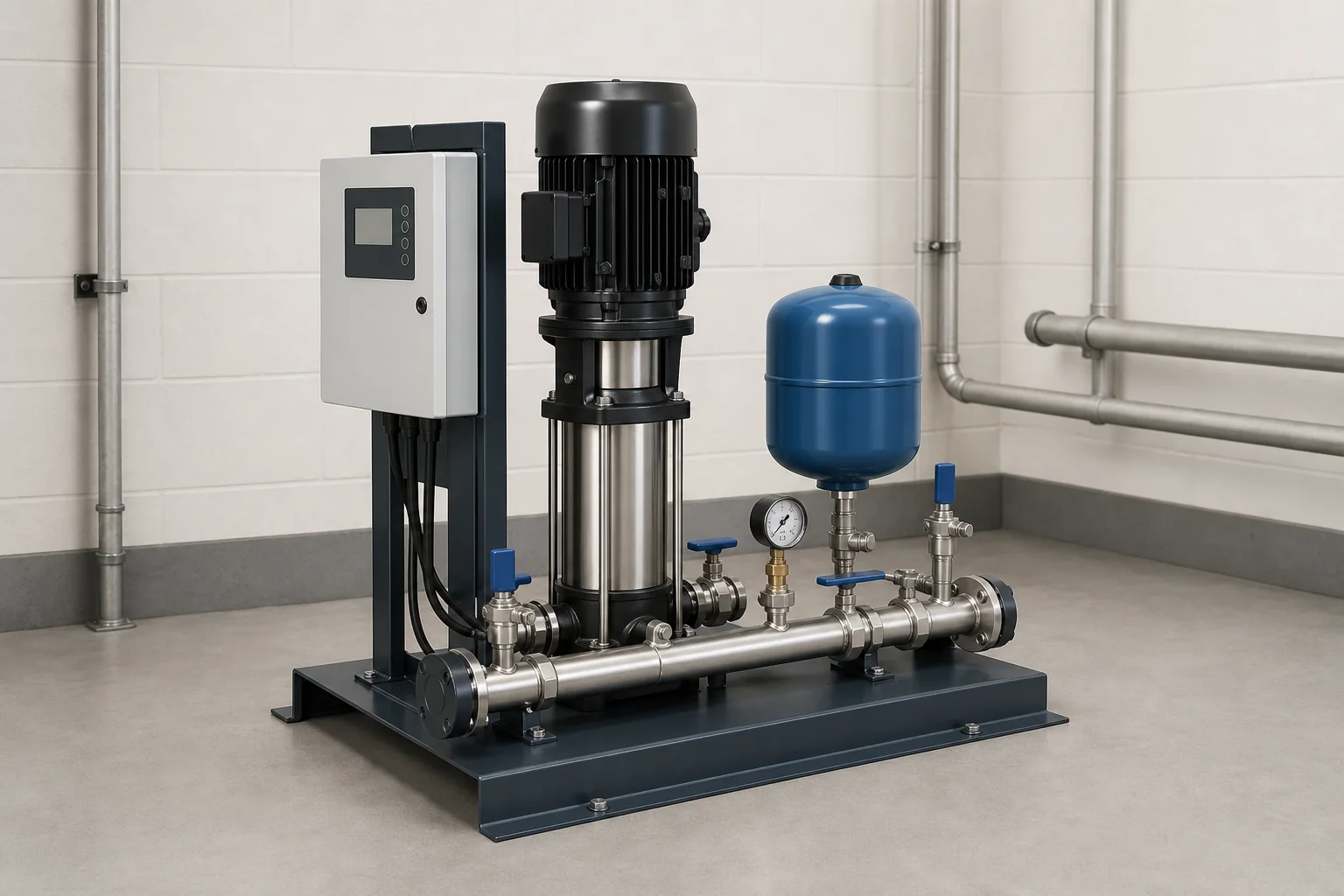 Technical illustration of a vertical multistage water booster pump set with pressure vessel and controls