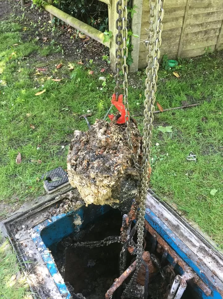 The extracted pump covered in a thick layer of hardened grease and debris