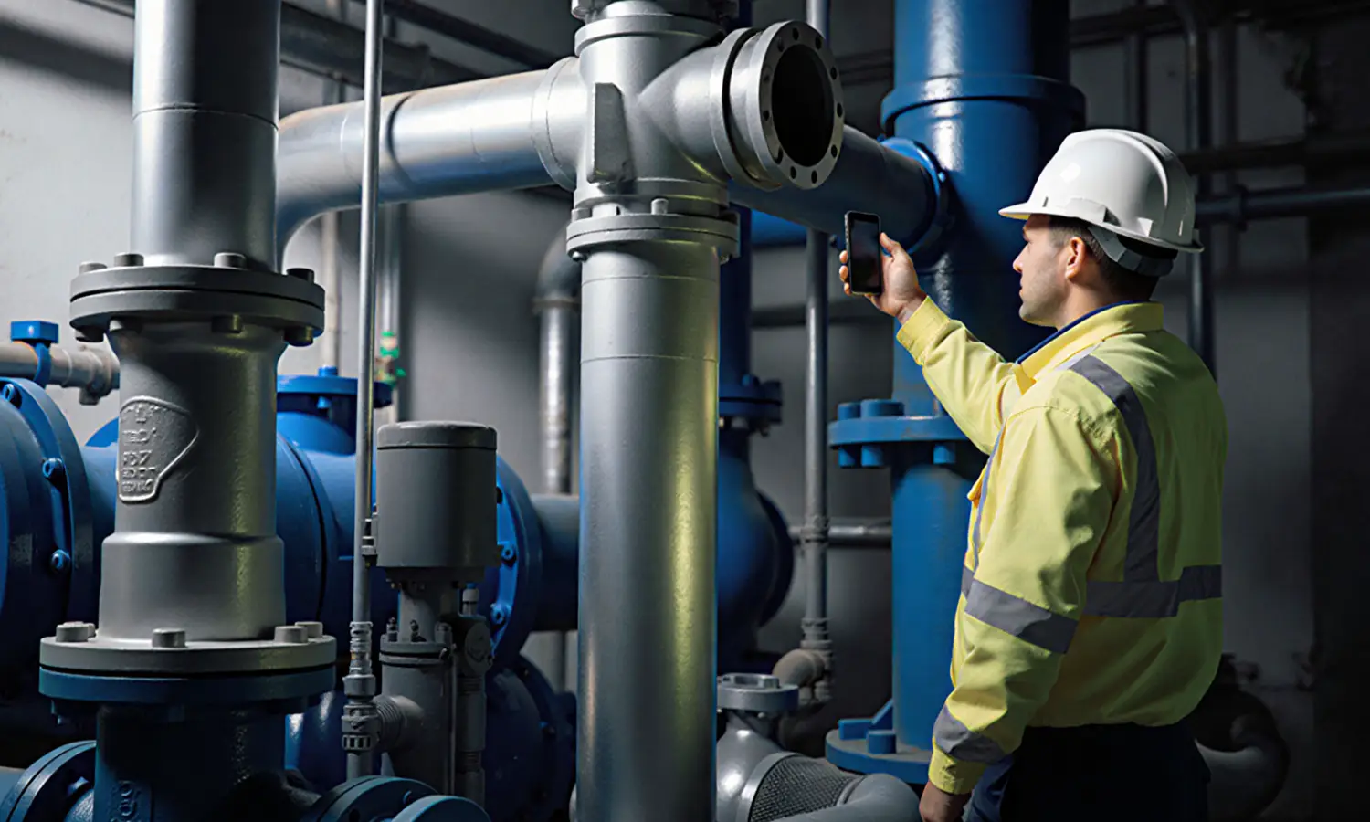 Pump engineer inspecting pumping system